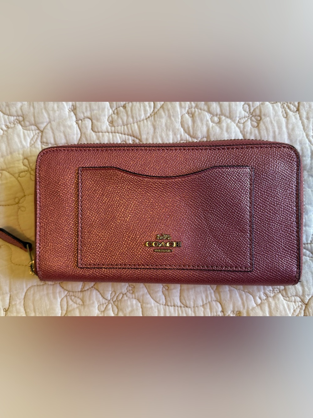 Coach Zip Around Pebbled Leather Wallet in Metallic Cherry